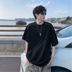 Summer Mens Loose Casual Stripe T-shirt Short Sleeve Breathable Cotton Comfortable Fashionable American High Street Design