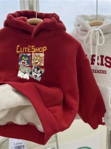 Thickened Fleece Red Sweatshirt for Children New Years Outfit Autumn Winter New Style Warmth Upperwear Kids Clothing