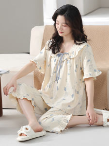 Miiow | French Style Pure Cotton Short Sleeve Seven-Piece Pants Sweet Elegant Summer Home Clothes Set For Ladies Catman Sleepwear