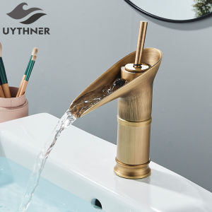 Antique Brass Basin Faucet Waterfall Bathroom Faucet Single Handle Basin Mixer Tap Deck Mounted One Hole Bronze Black Tap