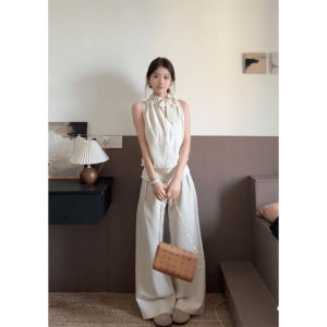Loose Casual Pants Womens Summer Fashionable Wide Leg Floor-Length Trousers Pleated Apricot Color Japanese Style Loose Fit