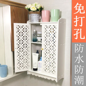 ตู้เก็บของติดผนังในห้องน้ำแบบไม่ต้องเจาะ ชั้นวางของ 3 ชั้น วัสดุ Wood Plastic Board สไตล์ Scandvinian ติดผนังแบบดูดอากาศ