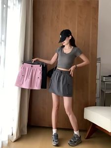 ST354 M-2XL Women Skirt Elastic Waist Drawstring Overalls Short Skirts Plain Pocket Casual Skort