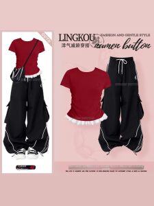 NUMEN BUTTON | Loose Versatile Lace Trim T-Shirt and Cargo Pants Set for Women