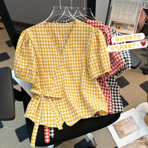 Slim Fit Plaid Shirt Womens V-Neck Casual Style Korean Version Commute Wind Short Sleeve Butterfly Knot Design Regular Length