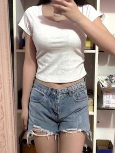 Áo Thun Cotton Tay Ngắn Dáng Ôm Mùa Hè Cho Nữ Thiết Kế Xếp Ly Cổ Vuông Tay Ngắn Chất Liệu Cotton Pha Lanh Mỏng Thường Ngày