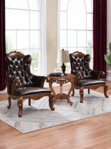 Leather High Back Armchair Wooden Frame