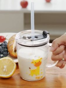 Cốc pha sữa chia vạch - Cốc nước thủy tinh có vạch ml kèm nắp đậy chắc chắn và ống hút - Cốc nước thủy tinh có tay cầm dễ thương sử dụng hàng ngày