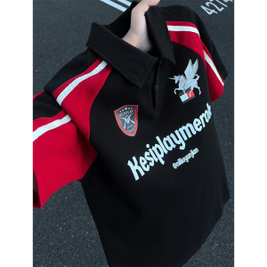 LIUBU | Vintage Basketball Style Sports Colorblock Printed Polo T-Shirt