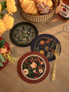 Retro Floral round Leather Dining Mat Waterproof Oil Resistant Easy to Clean Heat Insulation Anti-Scald Tablecloth