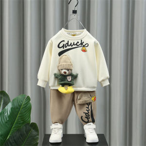Fashionable Fleece Lined Childrens Outfit Set for Boys Cute Bear Pattern Cotton Clothes Suitable for Ages 2-9 Kids