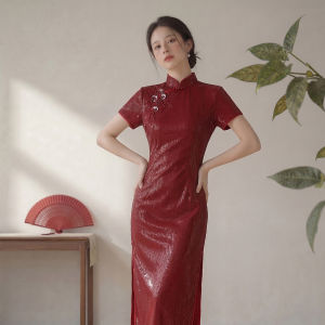 Red Modified Cheongsam Dress Slim Fitting Spring Summer