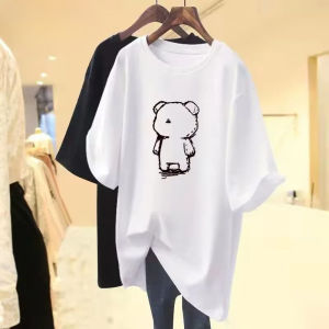 Cartoon Bear Cotton Printed Summer Fashion Womens T-shirt Kawaii Casual Fashion Short Sleeve Loose Street Sports T-shirt Top