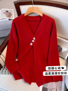 เสื้อคาร์ดิแกนถักสีแดง ทรงหลวม คอวี แขนยาว ผูกโบว์ สำหรับผู้หญิงไซส์ใหญ่ เสื้อคลุมผู้หญิงในฤดูใบไม้ร่วงและฤดูหนาว