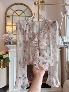 Thanh Lịch Phong Cách Pháp Áo Sơ Mi Nữ Dài Tay Cổ Chữ V Vải Voan Họa Tiết Hoa Đẹp Ren Gấu Áo Gấu Váy Thắt Lưng Phía Trước Độc Đáo Thời Trang/ Phong Cách Áo