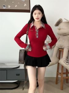 เสื้อยืดแขนยาวลายสก็อตสีแดงสไตล์เกาหลี ทรงสลิมฟิต สำหรับผู้หญิง ฤดูใบไม้ร่วง ฤดูหนาว เสื้อชั้นใน ชุดสองชิ้นปลอม เสื้อตัวบน