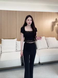 Áo Thun Ren và Sọc Cổng Co Ôm Body Tay Ngắn