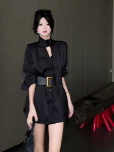 French Elegant Lady Lazy Minimalist High-End Feel V-neck Sash Long Sleeve Loose Single Button Shirt Womens Business Casual Top