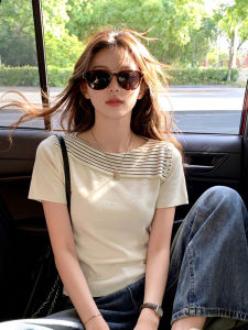 CHOEFULYN | Design Knit T-shirt Slim Effect Short Sleeve Stripe Colorblock
