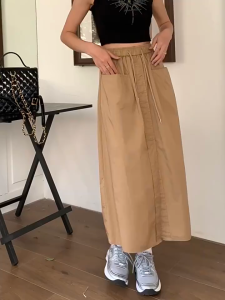 Womens High Waist A-line Korean Long Slit Drawstring Elastic Cargo Skirts