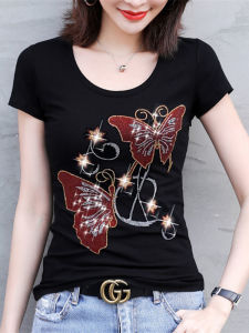 Summer White and Black Glitter Slim Fit Round Neck Cotton T-Shirt