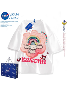 NASA Collaborative Girls Short Sleeve T-Shirt Pure Cotton Glitter Color-Changing Kuromi Childrens Top Breathable round Neck Summer