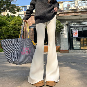 High Waist Fleece Lined European Cotton Velvet Thickened Winter Pants Womens Micro Flared Casual Trousers Korean Style Knitted