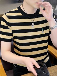 HENGYUANXIANG | Hengyuanxiang Summer New Ice Silk Knitted Short Sleeve Mens Embroidered T-shirt Casual Striped Dad Top Base Shirt T