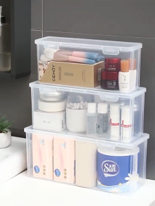 กล่องเก็บของกันฝุ่นพร้อมฝาปิด กล่องเก็บของตั้งโต๊ะ กล่องเก็บของอเนกประสงค์สำหรับใช้ในบ้านกระเป๋าเก็บของพลาสติกใส