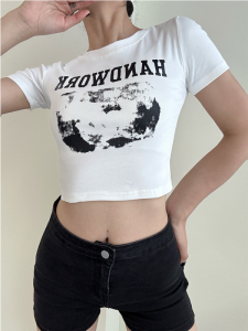 Áo Thun Nữ Cổ Tròn Tay Ngắn Ôm Vừa Vặn Phong Cách Hong Kong Mùa Hè Mới Nhỏ Gọn Ngắn Áo Thun Cotton Thường Ngày