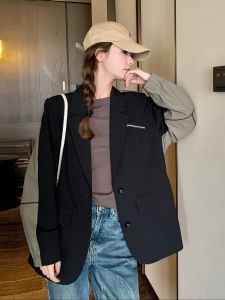 Trendy Commuter Style Womens Suit Jacket Black Color Block Vintage Fashion Long Sleeve Flip Collar Polyester Fiber