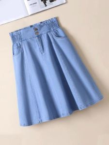 plus Size Elastic Waist Denim Midi Skirt Womens A-Line Fluffy Skirts Korean Style Anti-Light Spring Autumn New Arrival