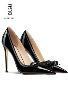 Selnevena ของแท้ หนัง สีดำ รองเท้าส้นสูงแบบโบว์ ผู้หญิง ส้นแหลมแบบบาง หลากหลาย สิทธิบัตรกึ่งบนบุคลิกภาพ หนัง รองเท้าเดี่ยว