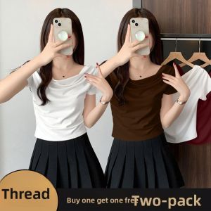 Summer Short Sleeve T-Shirt Womens 2025 Pure Desire Gentle Shoulder Exposure High-End Sensation Stylish Body Short Top