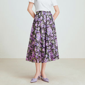 Koradior | 100% Silk A-Line Skirt French Style Floral Print