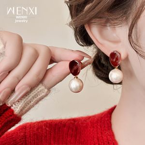WENXI | Red Pearl Sterling Silver Retro Earrings