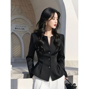Elegant French Style Black Shirt Womens Slim Fit Design Spring 2025 Commute Korean Style Long Sleeve V-Neck Pure Color