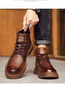 Mens Winter Warm Fleece Lined High Top mid Calf Motorcycle Style Martin Boots Anti Slip Fashion Work Shoes Retro British Style