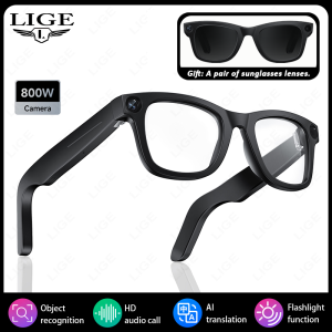 LIGE AI Smart Glasses 8MP HD Camera 1080P Video Record Bluetooth Call 300mAh Battery Voice Assistant Control Sunglasses Lenses