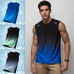 Men Gradient Sports Vest Lightweight Sleeveless Round Neck T-Shirt Summer Running Loose Fit Youth Sports Fitness Breathable Top