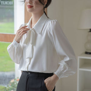 เสื้อเชิ้ตผู้หญิงแขนยาวทรงหลวมสไตล์ลำลองสำหรับใส่ไปทำงาน ดีไซน์โบว์ผีเสื้อ แขนยาวแบบจีบ ทรงหลวม สไตล์ลำลอง