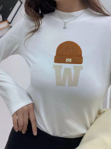 เสื้อยืดแขนยาวสีเบจ ทรงสลิมฟิต อบอุ่น สำหรับผู้หญิง เสื้อชั้นในฤดูใบไม้ร่วง/ฤดูหนาว ดีเวล คอตั้ง ปกติ