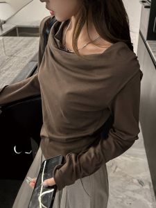 MiiOW | Áo sơ mi dài tay ôm vừa vặn cho nữ MiiOW thiết kế cổ tròn hở lưng thời trang thu đông thường ngày chất liệu polyester