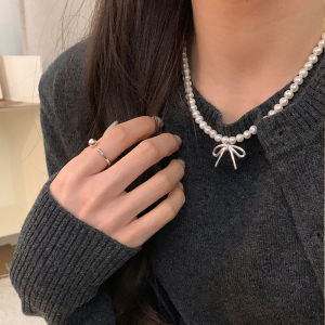 【♡Lovely girls house♡】Fashion Elegant Pearl Bow Pendant Necklace Ladies Beaded Chain Collar Jewelry