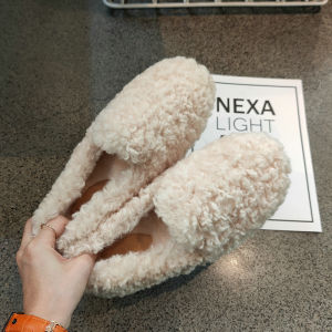 Hong Kong Bean Bean Shoes Womens Fall Winter New Style Lamb Fur Fleece Lined Outerwear Fashion Loafers Korean Style Flat Heel