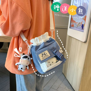 Cute Small Canvas Bag Womens Crossbody Korean Style Student Bag Bucket Shape Soft Handbag with Phone Pocket for Casual Use