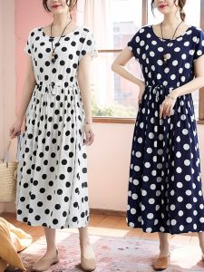 New 2024 Summer Mom Cotton Silk Dress Korean Loose Polka Dot Sleepwear Outerwear Midi Skirt Big Flounce Skirts