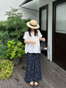 Quần Ống Rộng Thêu Hoa Cạp Cao Mùa Hè Cho Nữ ELA SHUII Quần Ống Rộng Thường Ngày Bằng Vải Lanh Viscose Pha Trộn