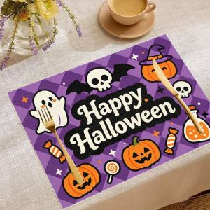 VIKAMA 2/4/6pcs Halloween Meal Mat Ghost Castle Pumpkin Bat Skeleton Ghost Candy Table Mat Desktop Party Decoration