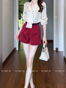 Xzy/Xin Zhengyan Plus Size Ladies Hong Kong Style Retro Bows Polka Dot Long Sleeve Tops Female Temperament High Waist Shorts Suit